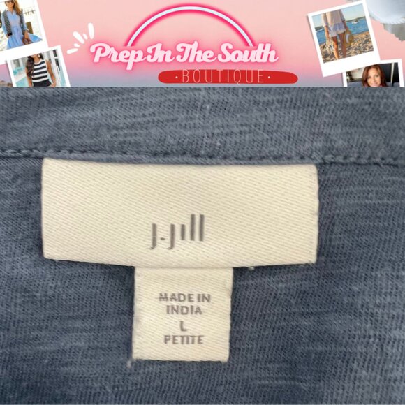 J. Jill Popover Boho Tiered Ruffle Tunic Top L Blue Cotton Tencel 3/4 Sleeve - Picture 4 of 6